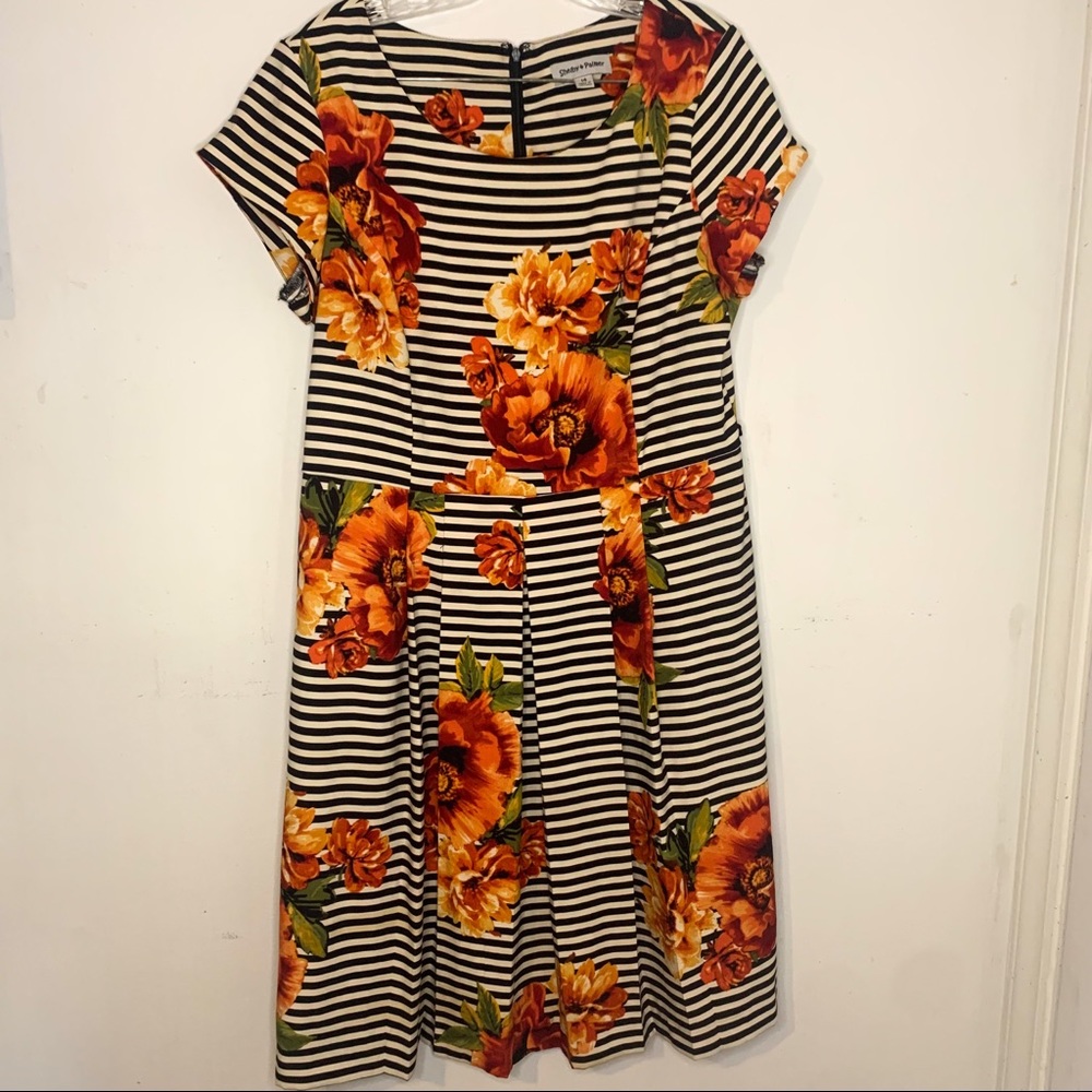 Shelby & Palmer Dress Striped Orange Flowers Floral Short Sleeve  Women’s 14